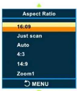 Aspect Ratio 16:09 Just scan Auto 4:3 14:9 Zoom1 MENU