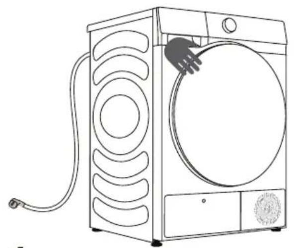 Dessin au trait d'une machine à laver avec une main insérant un ventilateur dans le panneau avant (sans texte ni symboles).