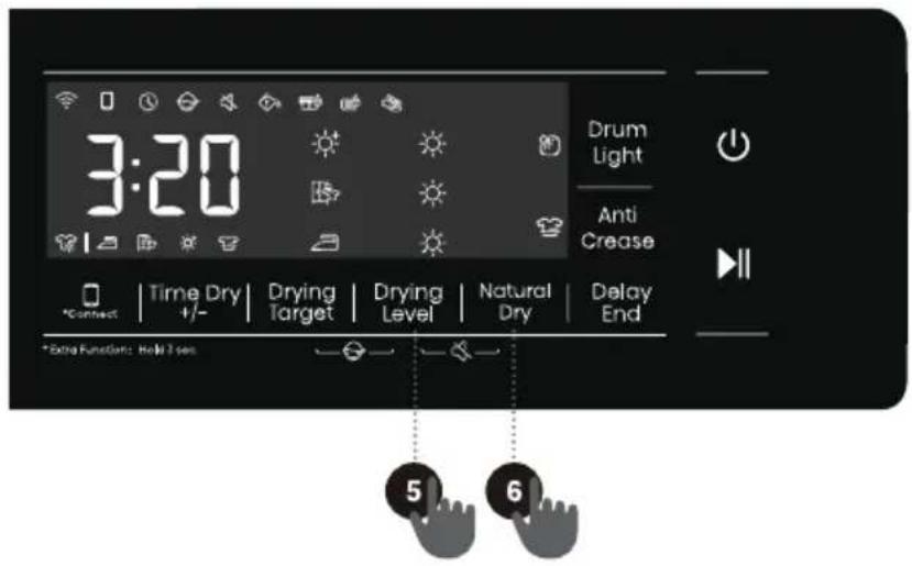 3:20 Drum Light Anti Crease *Connect | Time Dry +/- | Drying Target | Drying Level | Natural Dry | Delay End *Extra Function: Held 7 sec 5 6