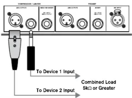 COMPRESSOR / LOWER LPG OUTPUTS PREAMP LPG OUTPUTS PREAMP LPG OUTPUTS PREAMP To Device 1 Input Combined Load 5kΩ or Greater To Device 2 Input