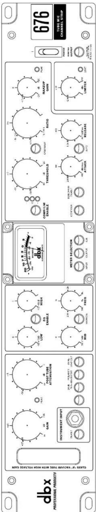 dbx PROFESSIONAL PRODUCTS CLASS "A" VACUUM TUBE WITH HIGH VOLTAGE GAIN INSTRUMENT INPUT DRATE +27 dB 50 48 160 PEAK -50.2 60 48 POST TUBE ATTENUATION EQ ENABLE -10 +15B LOW -17 -15B HIGH 20 10 7 5 3 0 3 -20 -20 -20 MID 250 A FREQ NARCON METER SELECTION INPUT CIVUT C.R COMP/LIM ENABLE THRESHOLD OVER SASK RATIO MAKEUP GAIN CONTROL SUSCAPAN ENABLE 20040 ATTACK 1.5kW AUTO RELEASE +10 12 kV LIMITER LIMITAL OUTPUT POWER MINIMAL OUTPUT 676 TUBE MIC CHANNEL STRIP