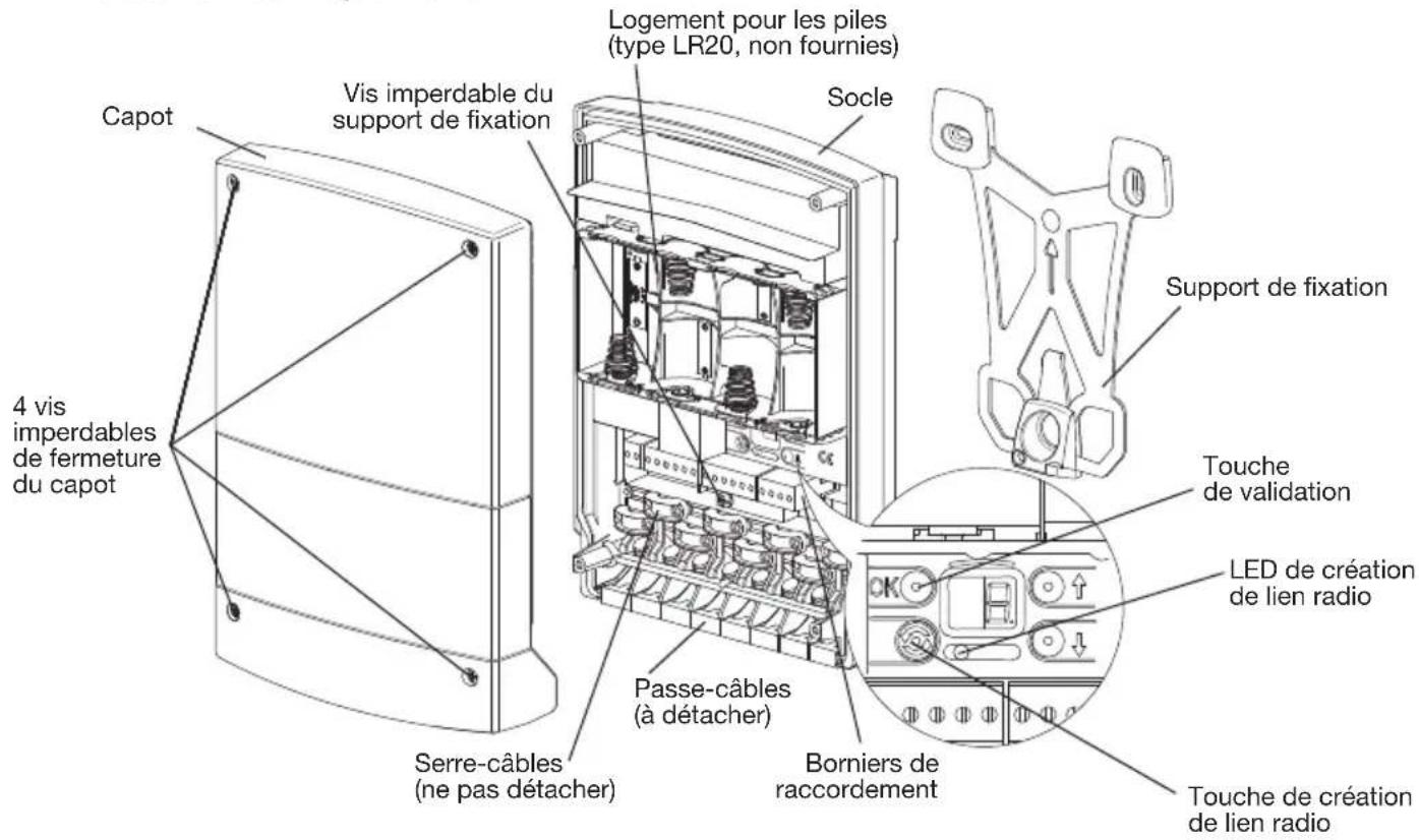 Capot 4 vis imperdables de fermeture du capot Vis imperdable du support de fixation Logement pour les piles (type LR20, non fournies) Socle Support de fixation Touche de validation LED de création de lien radio Passe-câbles (à détacher) Serre-câbles (ne pas détacher) Borniers de raccordement Touche de création de lien radio