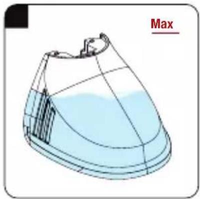 3D wireframe model of a showerhead with blue water level, labeled 'Max' in red (no other text or symbols).