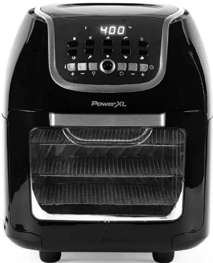 Black powerXL air fryer with digital display and control buttons (no visible text or symbols on main body)