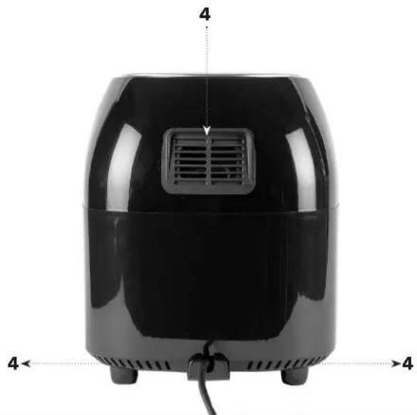 Black electric air fryer with ventilation grille and side-mounted legs (no text or symbols visible)