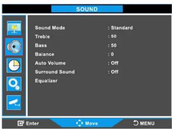SOUND Sound Mode : Standard Treble : 50 Bass : 50 Balance : 0 Auto Volume : Off Surround Sound : Off Equalizer Enter Move MENU