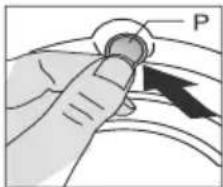 Diagram showing a hand holding a circular object with a labeled point P and an arrow indicating direction or force.