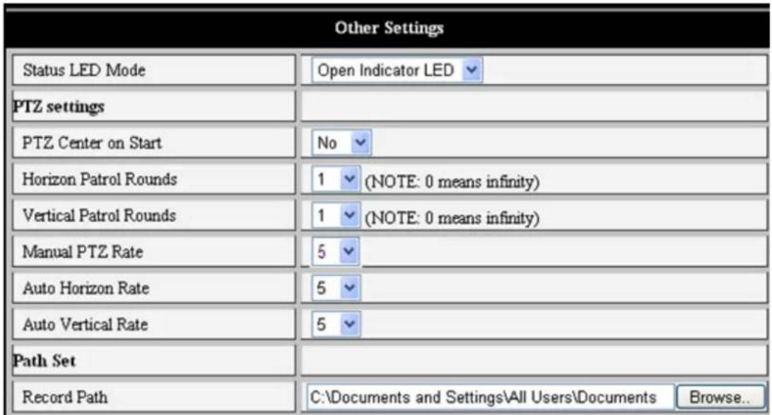 Other Settings Status LED Mode Open Indicator LED PTZ settings PTZ Center on Start No Horizon Patrol Rounds 1 (NOTE: 0 means infinity) Vertical Patrol Rounds 1 (NOTE: 0 means infinity) Manual PTZ Rate 5 Auto Horizon Rate 5 Auto Vertical Rate 5 Path Set Record Path C:\Documents and Settings\All Users\Documents Browse...