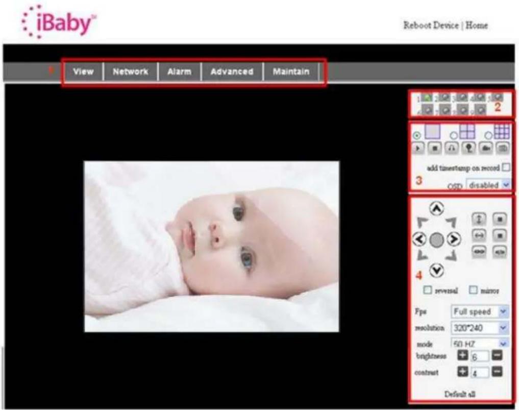 iBaby™ Reboot Device | Home View Network Alarm Advanced Maintain add timestamp on record OSD disabled reversed minor Fps Full speed resolution 320°240 mode 50 Hz brightness 6 contrast 4 Default all