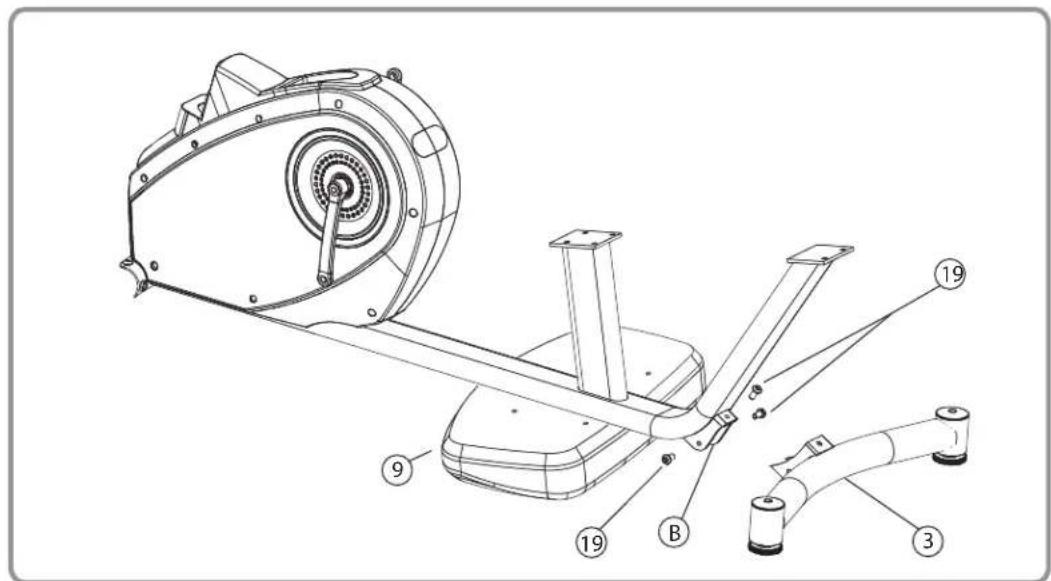 Technical diagram of a stationary exercise machine with labeled parts including wheels, armature, and adjustment knobs.