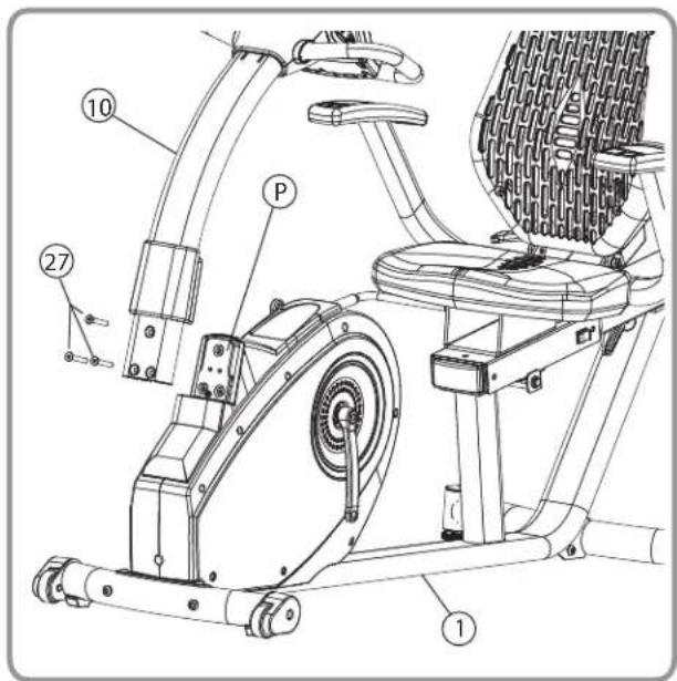 Technical diagram of a stationary exercise machine with labeled parts including head, seat, and wheels