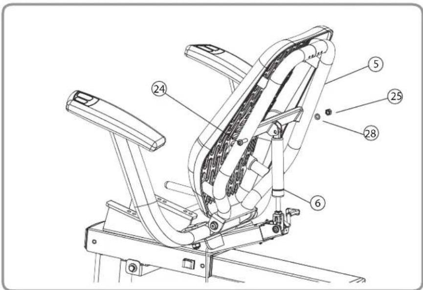 Technical diagram of a stationary exercise chair with numbered components labeled 5, 24, 25, 28, and 6.