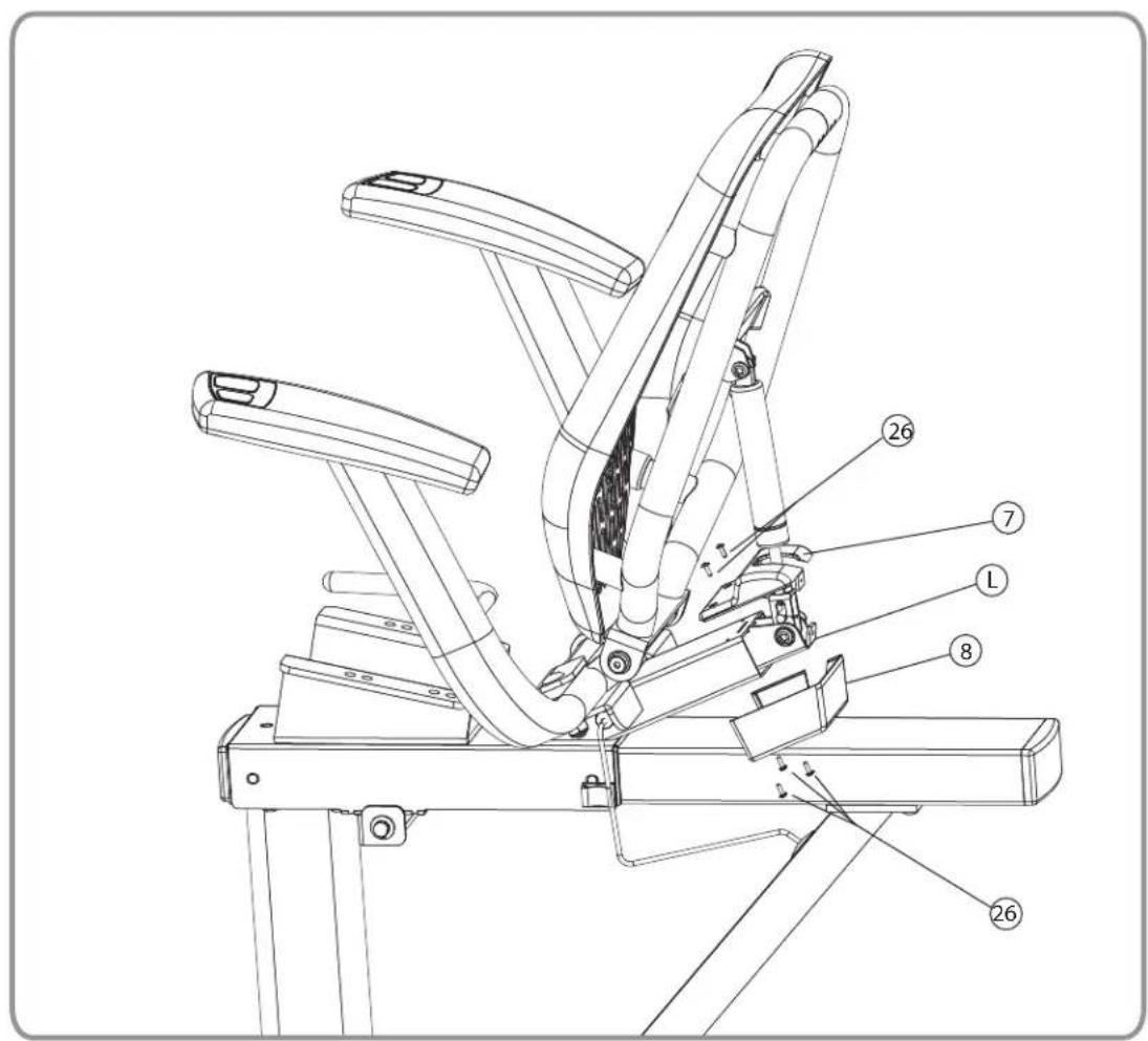 Technical diagram of a mechanical exercise machine with numbered components labeled 26, 7, L, and 8.