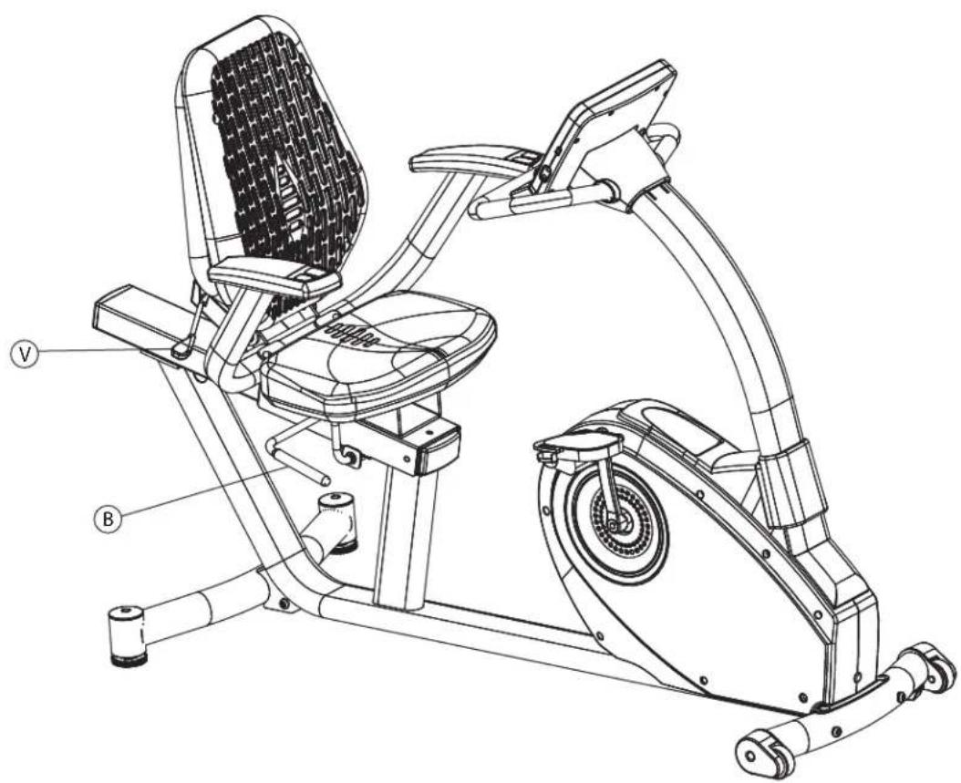 Technical line drawing of a stationary exercise bike with labeled components A, B, and C