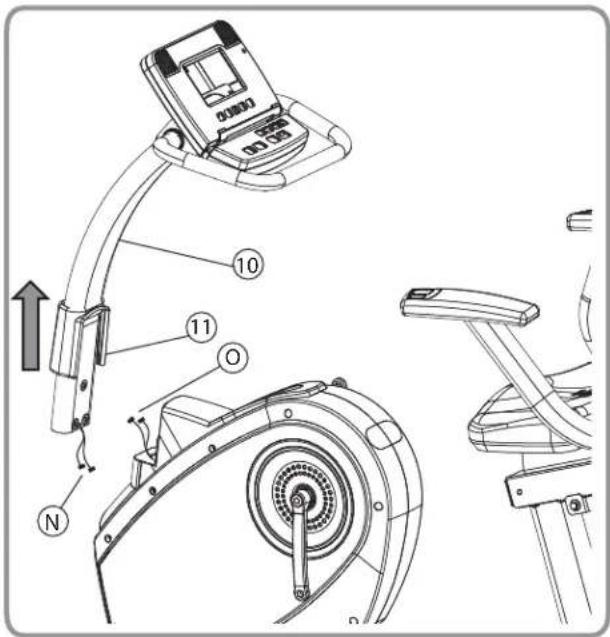 Technical diagram of a stationary exercise machine with labeled parts and directional arrows indicating motion or assembly.