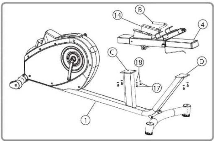 Technical diagram of a stationary exercise machine with labeled components and exploded view