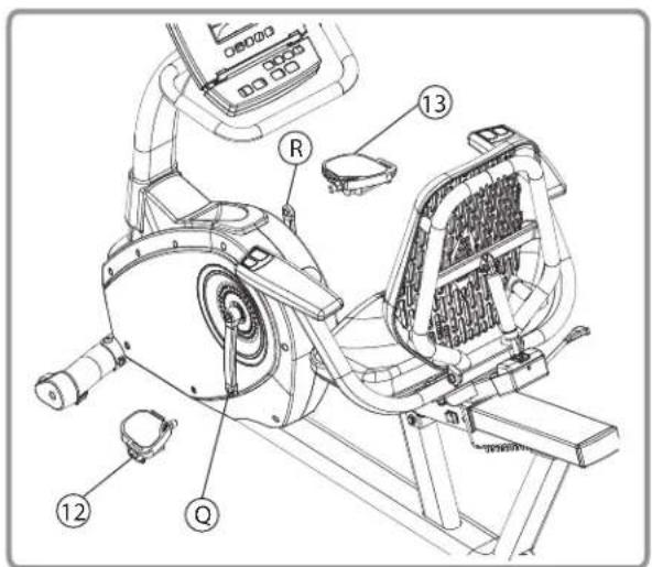 Technical diagram of an exercise machine with labeled components including R, Q, and numbered parts 12 and 13