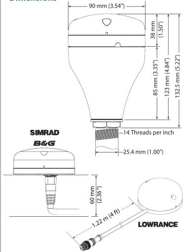 90 mm (3.54") 38 mm (1.50°) 85 mm (3.35°) 123 mm (4.84°) 132.5 mm (5.22°) -14 Threads per inch 25.4 mm (1.00°) SIMRAD B&G 60 mm (2.36°) 1.22 m (4 ft) LOWRANCE