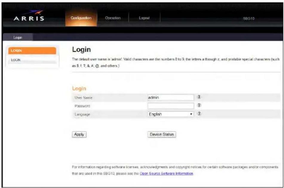 ARRIS Configuration Operation Logout SBG10 Login LOGIN LOGIN Login The default user name is 'admin'. Valid characters are the numbers 0 to 3, the letters a through z, and printable special characters (such as $1, ?, & #, @, and others.) Login User Name admin ? Password ? Language English ? Apply Dev…