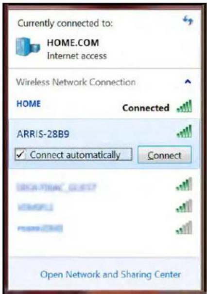 Currently connected to: HOME.COM Internet access Wireless Network Connection HOME Connected ARRIS-28B9 Connect automatically Connect Open Network and Sharing Center