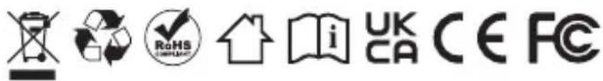 Collection of corporate logos including a recycling symbol, RoHS logo, an open book, UK CA, C€, and FC