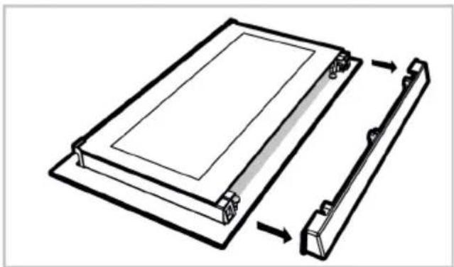 Technical line drawing of a rectangular device with a side panel and a separate handle, showing internal components (no text or symbols)