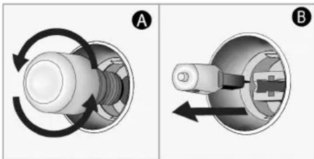 Two mechanical diagrams showing a rotating component and a close-up of a mechanical switch (no text or symbols present)