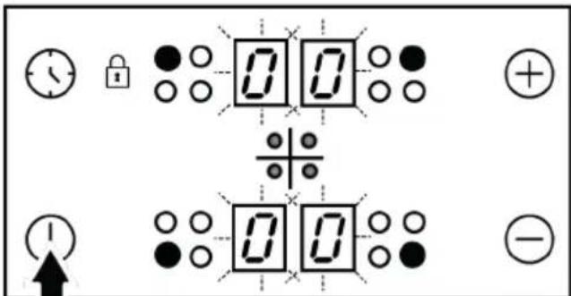 Diagram showing two identical 0-digit display units with clock, lock, and plus/minus symbols, plus an upward arrow and minus sign.