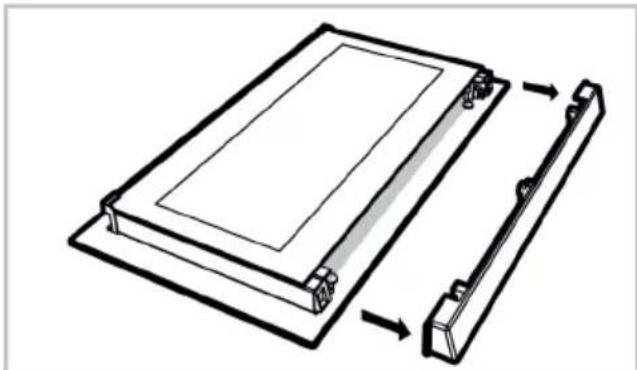 Technical line drawing of a rectangular electronic component with a side panel and internal structure, showing assembly or assembly motion (no text or symbols).