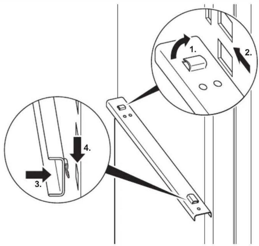 Technical diagram showing a mechanical assembly with numbered steps and directional arrows indicating motion or assembly.