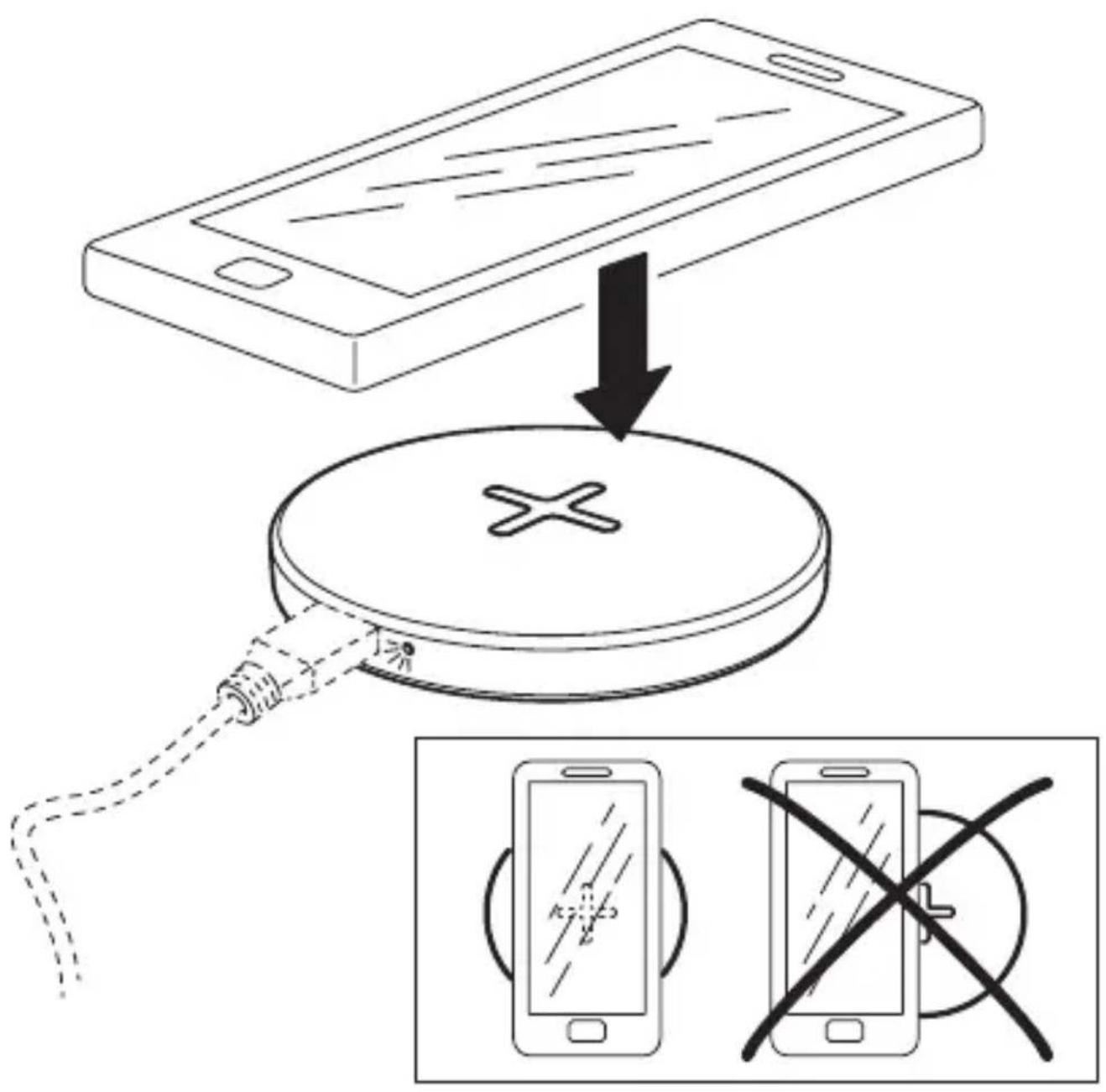 Diagram showing a mobile phone connected to a device and a circular device, with an additional diagram depicting the same devices without obstruction.