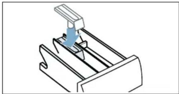 Technical line drawing of a mechanical component with a blue arrow indicating direction, no text or symbols.