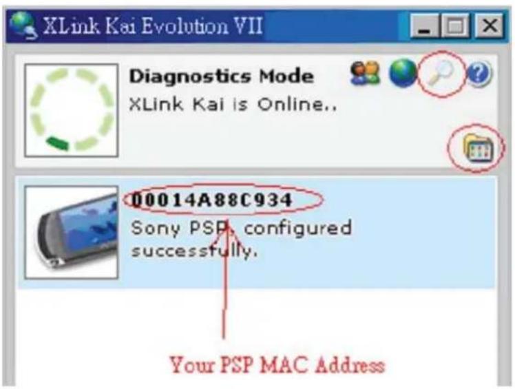 XLink Kai Evolution VII in Diagnostics Mode. Shows XLink Kai is Online. Displays MAC address 00014A88C934 and message: Sony PSP, configured successfully. Your PSP MAC Address.