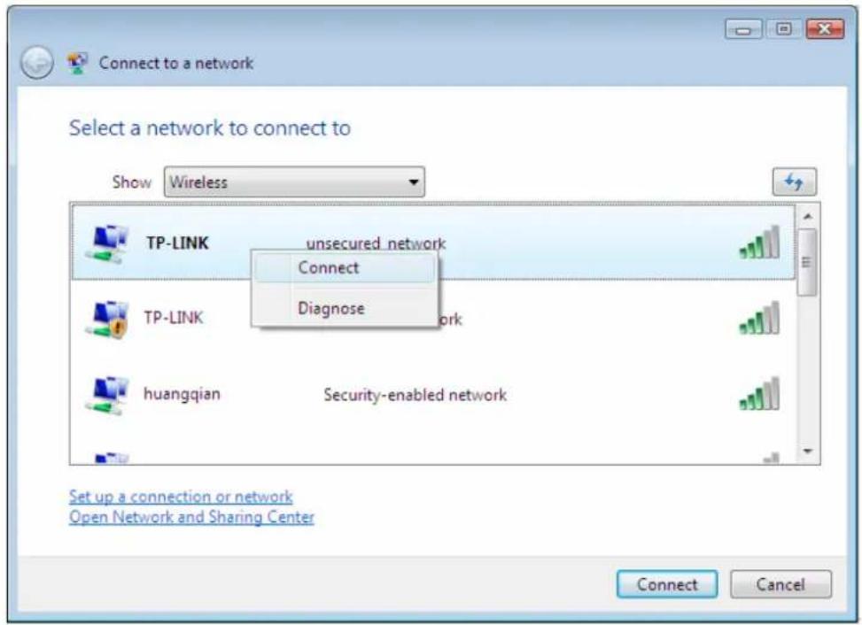 Connect to a network. Select a network to connect to. Show Wireless. TP-LINK unsecured_network. Connect. Diagnose. TP-LINK Network. huangqian Security-enabled network. Set up a connection or network. Open Network and Sharing Center. Connect Cancel.