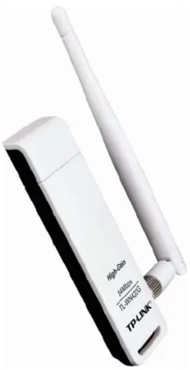 White TP-LINK Wi-Fi adapter device with antenna and ports (no visible text or symbols on body)