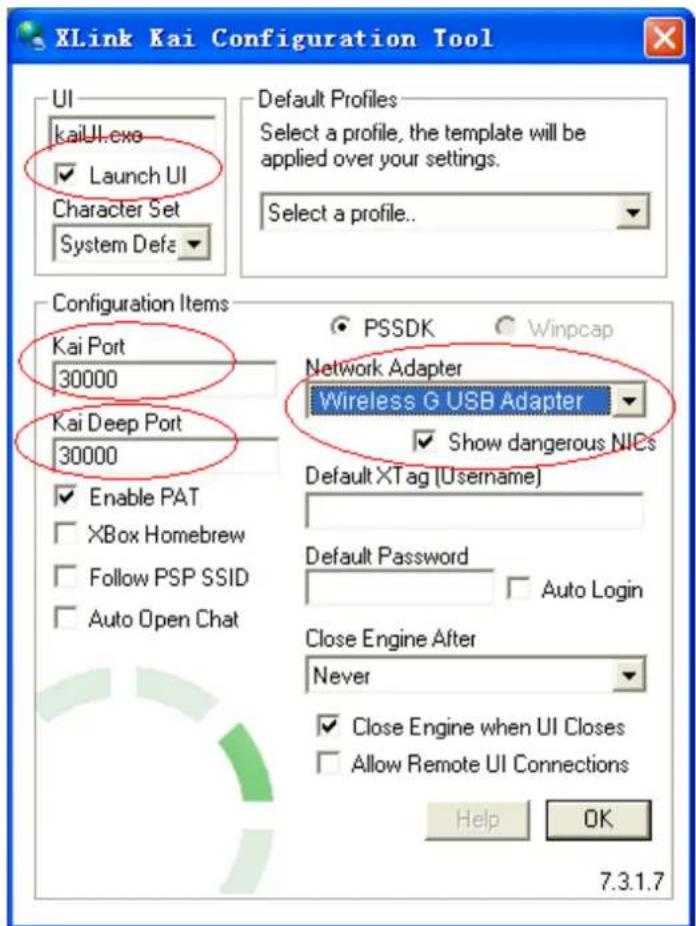 XLink Kai Configuration Tool. UI: kaiUI.cxo. Launch UI. Character Set: System Defe. Default Profiles: Select a profile, the template will be applied over your settings. Select a profile.. Configuration Items: Kai Port: 30000, Kai Deep Port: 30000, Enable PAT, XBox Homebrew, Follow PSP SSID, Auto Ope…