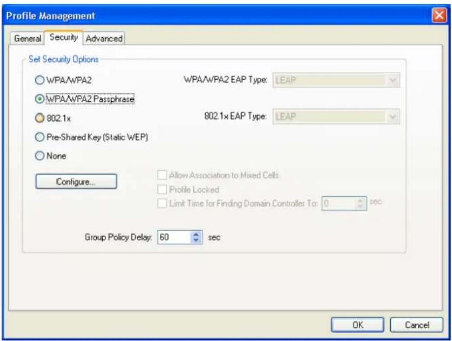Profile Management General Security Advanced Set Security Options WPA/WPA2 WPA/WPA2 EAP Type: LEAP WPA/WPA2 Passphrase 802.1x 802.1x EAP Type: LEAP Pre-Shared Key (Static WEP) None Configure... Allow Association to Mixed Cells Profile Locked Limit Time for Finding Domain Controller To: 0 sec Group P…