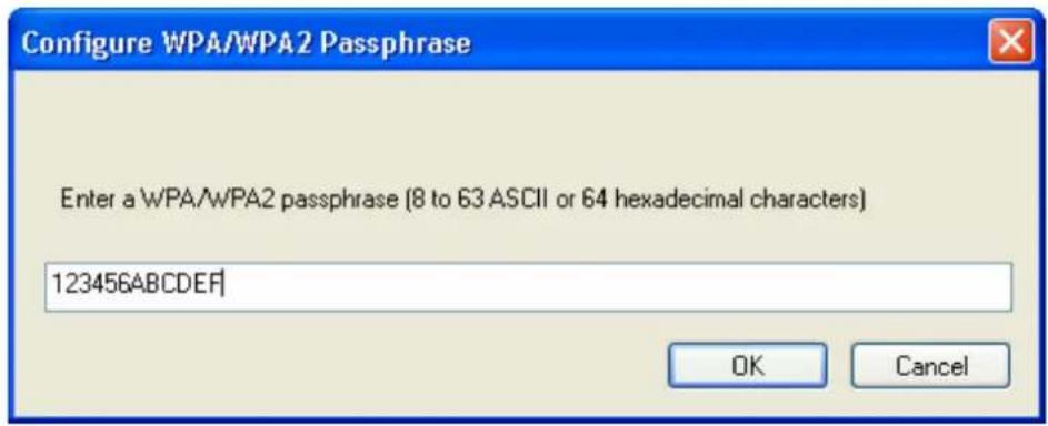 Configure WPA/WPA2 Passphrase Enter a WPA/WPA2 passphrase (8 to 63 ASCII or 64 hexadecimal characters) 123456ABCDEF OK Cancel
