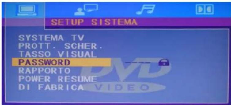 SETUP SISTEMA SYSTEMA TV PROTT. SCHER. TASSO VISUAL PASSWORD RAPPORTO POWER RESUME DI FABRICA VIDEO