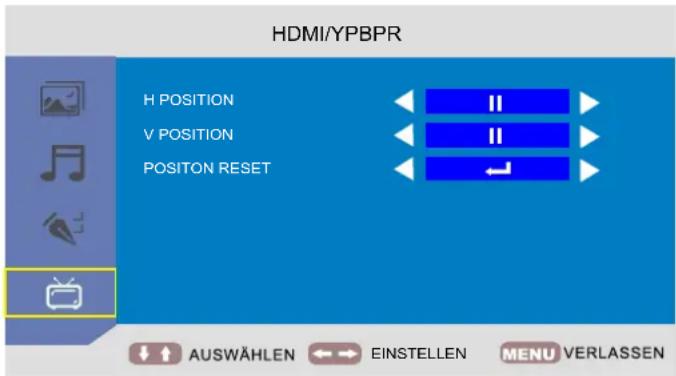 HDMI/YPBPR H POSITION V POSITION POSITON RESET AUSWÄHLEN EINSTELLEN MENU VERLASSEN