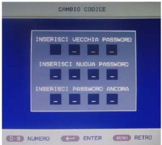 CAMBIO CODICE INSERISCI VECCHIA PASSWORD INSERISCI NUOVA PASSWORD INSERISCI PASSWORD ANCORA 0-9 NUMERO ← ENTER MENU RETRO