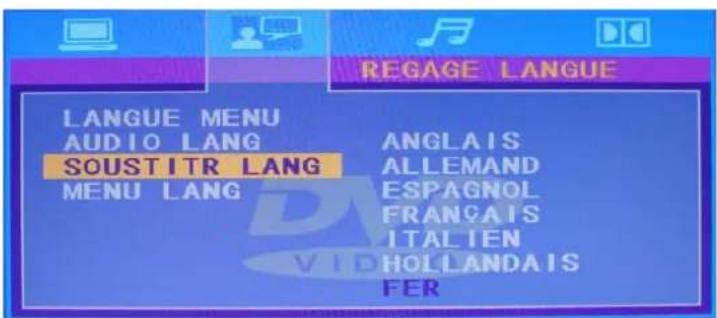 REGAGE LANGUE LANGUE MENU AUDIO LANG SOUSTITR LANG MENU LANG ANGLAIS ALLEMAND ESPAGNOL FRANÇAIS ITALIEN HOLLANDAIS FER