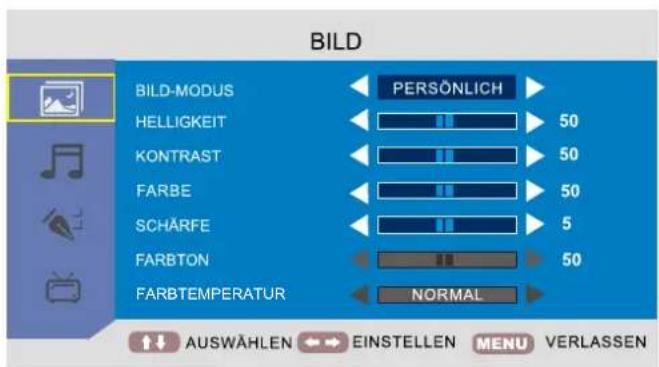 BILD BILD-MODUS HELLIGKEIT KONTRAST FARBE SCHÄRFE FARBTON FARBTEMPERATUR PERSÖNLICH 50 50 50 5 50 NORMAL AUSWÄHLEN EINSTELLEN MENU VERLASSEN