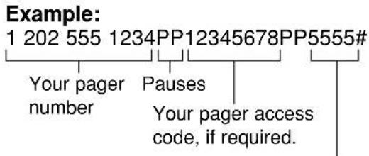 graph TD A["1 202 555 1234PP12345678PP5555#"] --> B["Your pager number"] A --> C["Pauses"] A --> D["Your pager access code, if required."]