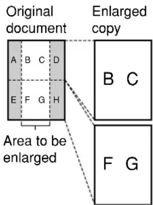 Original document. A B C D E F G H. Area to be enlarged. Enlarged copy. B C F G.