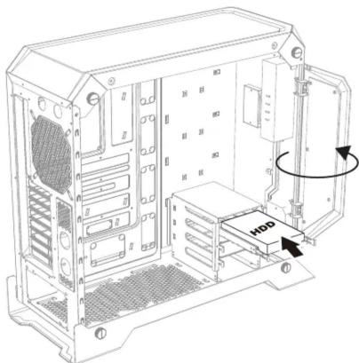 Technical diagram of a computer tower case with labeled storage areas and HDD unit