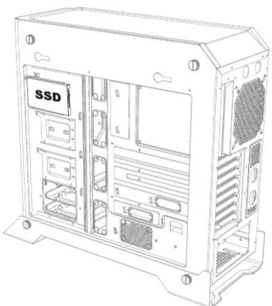 Technical line drawing of a computer tower case with SSD drive and ventilation slots (no text or symbols)