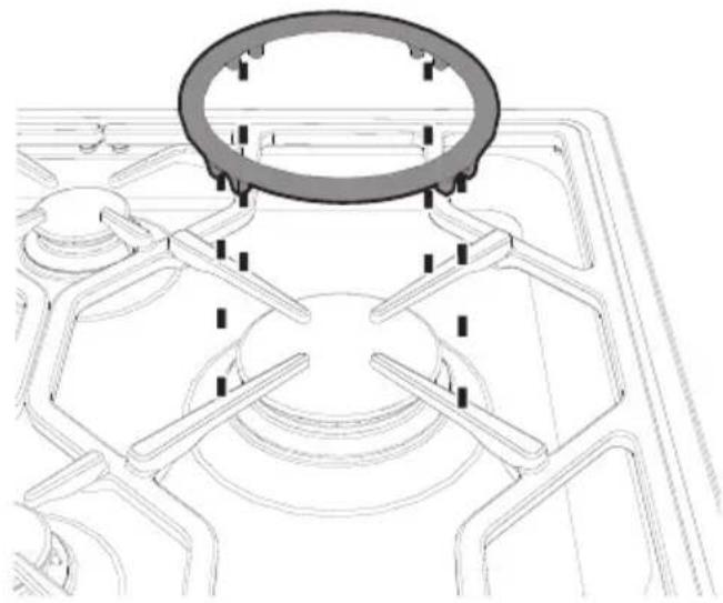 Technical line drawing of a gas stove burner with mounting flanges and a circular top component (no text or symbols).