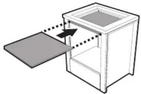 Diagram of a cabinet with an open lid and a dashed arrow indicating direction (no text or symbols).