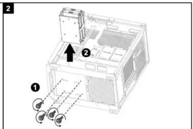 Diagram of a computer tower with labeled components and directional arrows indicating assembly or movement